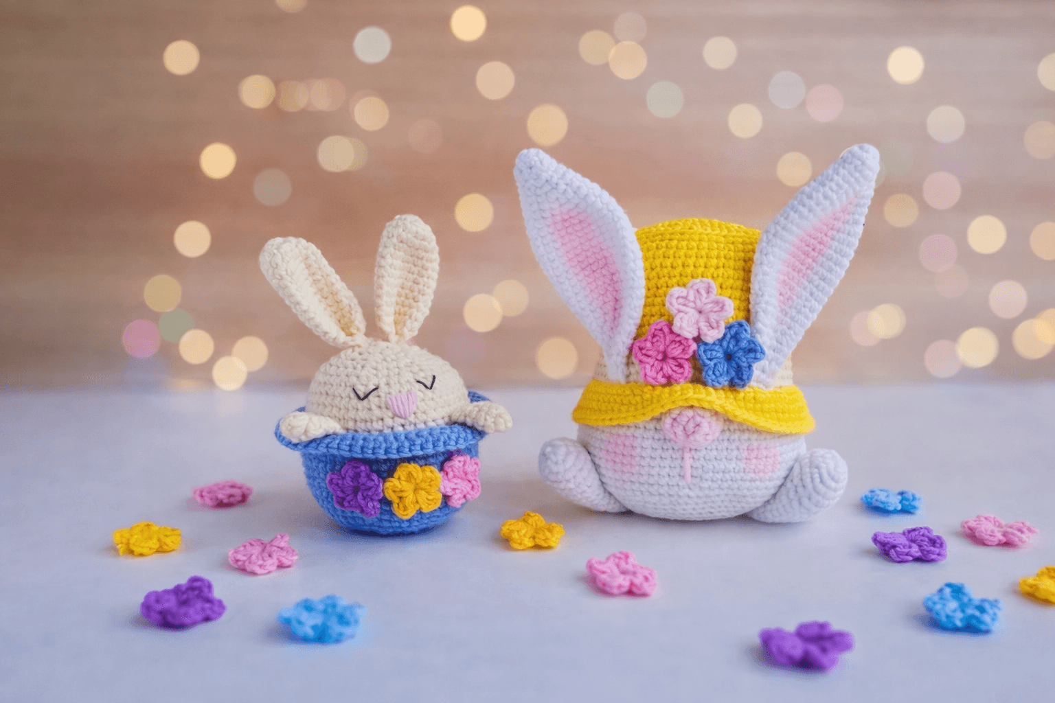 Conjunto lúdico com coelho e gnome, perfeito para cenários temáticos, lembrancinhas premium e decoração criativa de Páscoa.