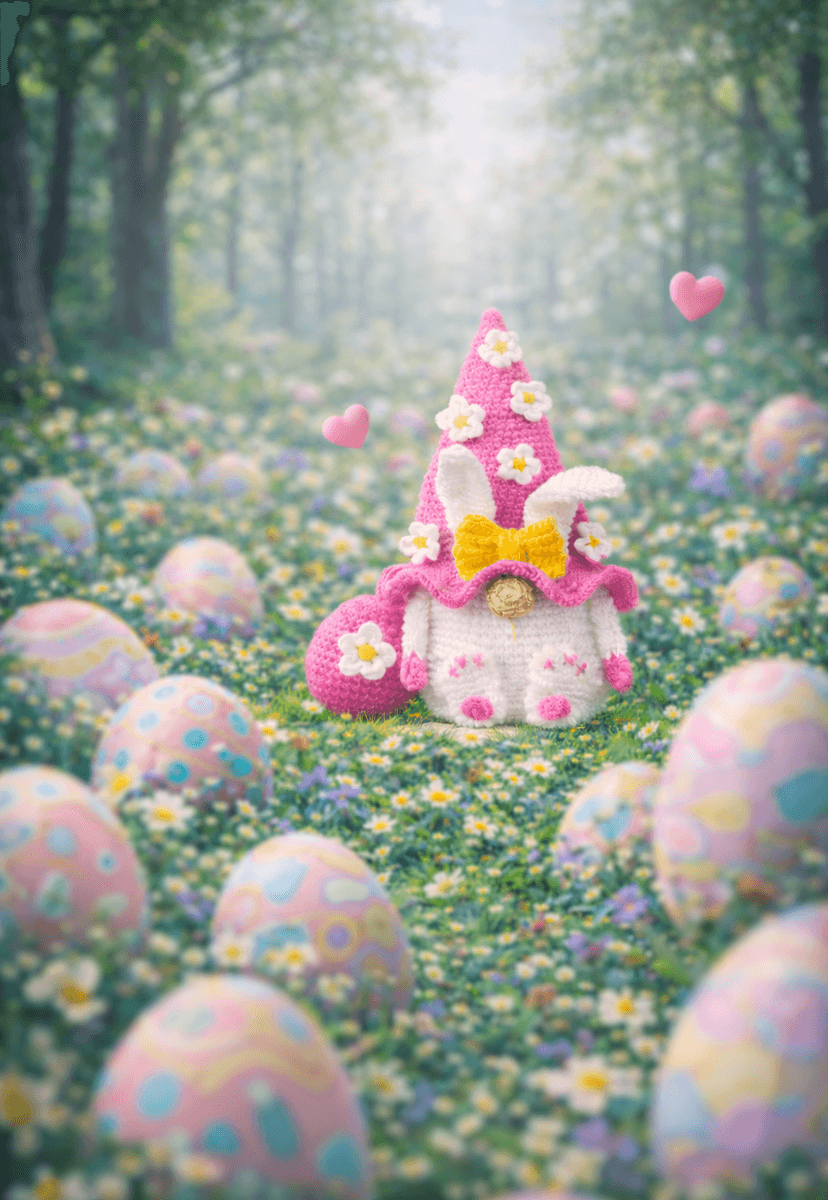 Mulher segurando amigurumi de coelho da páscoa