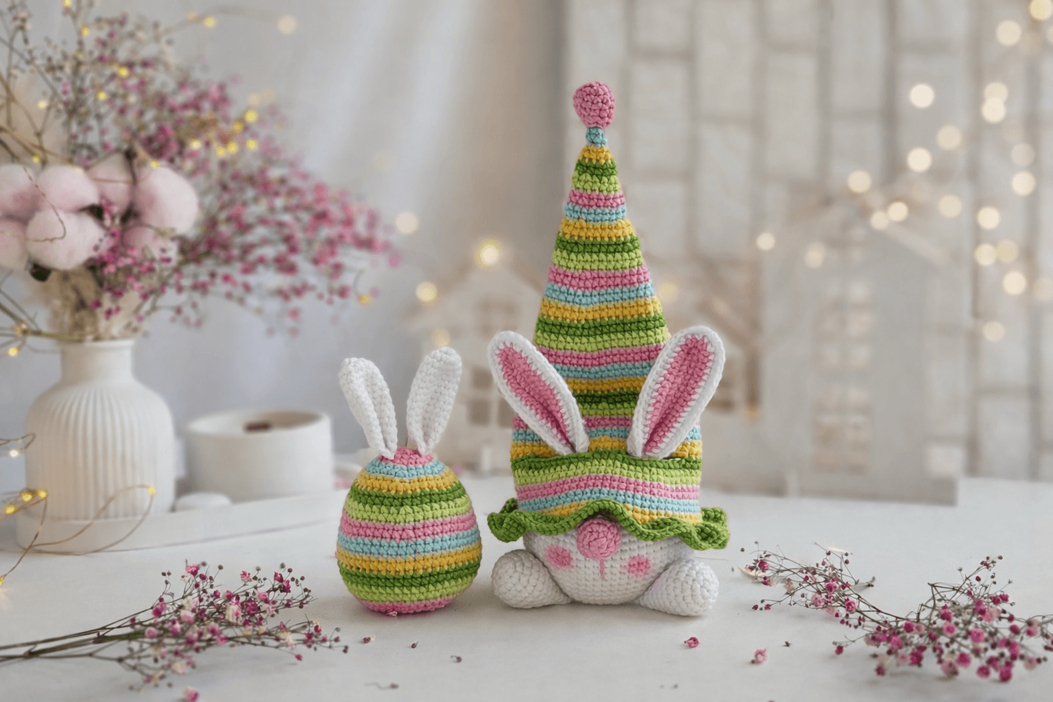 Conjunto completo de gnomos temáticos com coelhinhos, perfeito para montar composições, vitrines e kits premium de Páscoa com alto impacto visual.