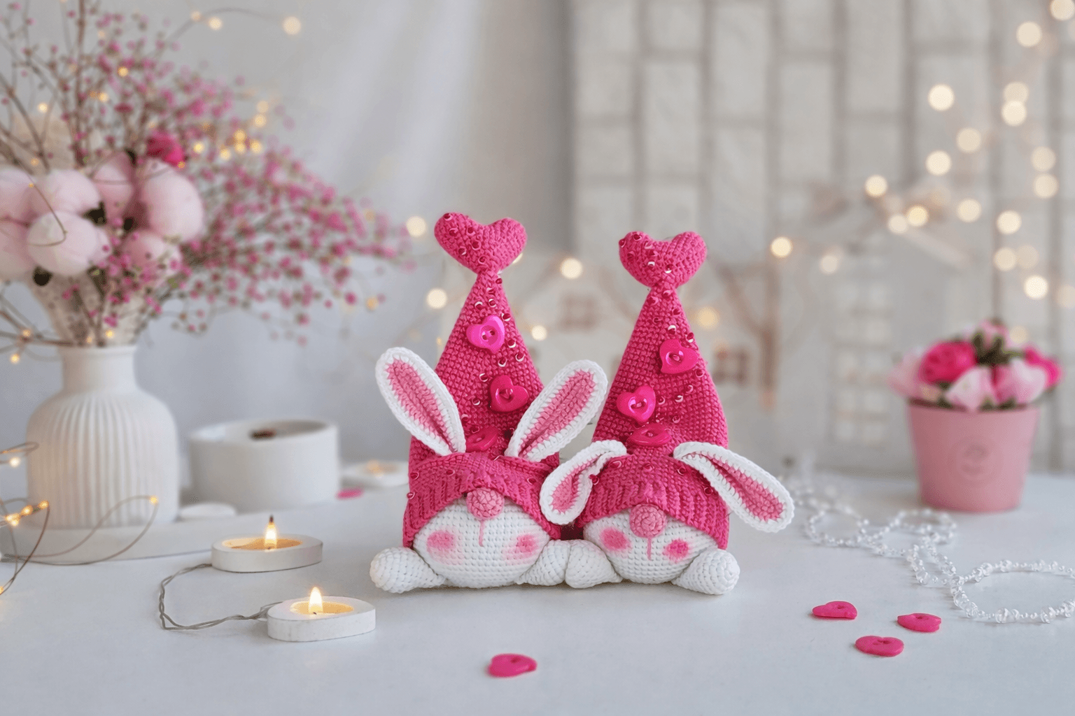 Par de coelhinhos românticos, ideal para presentes, decoração delicada e kits especiais de Páscoa com apelo emocional forte.