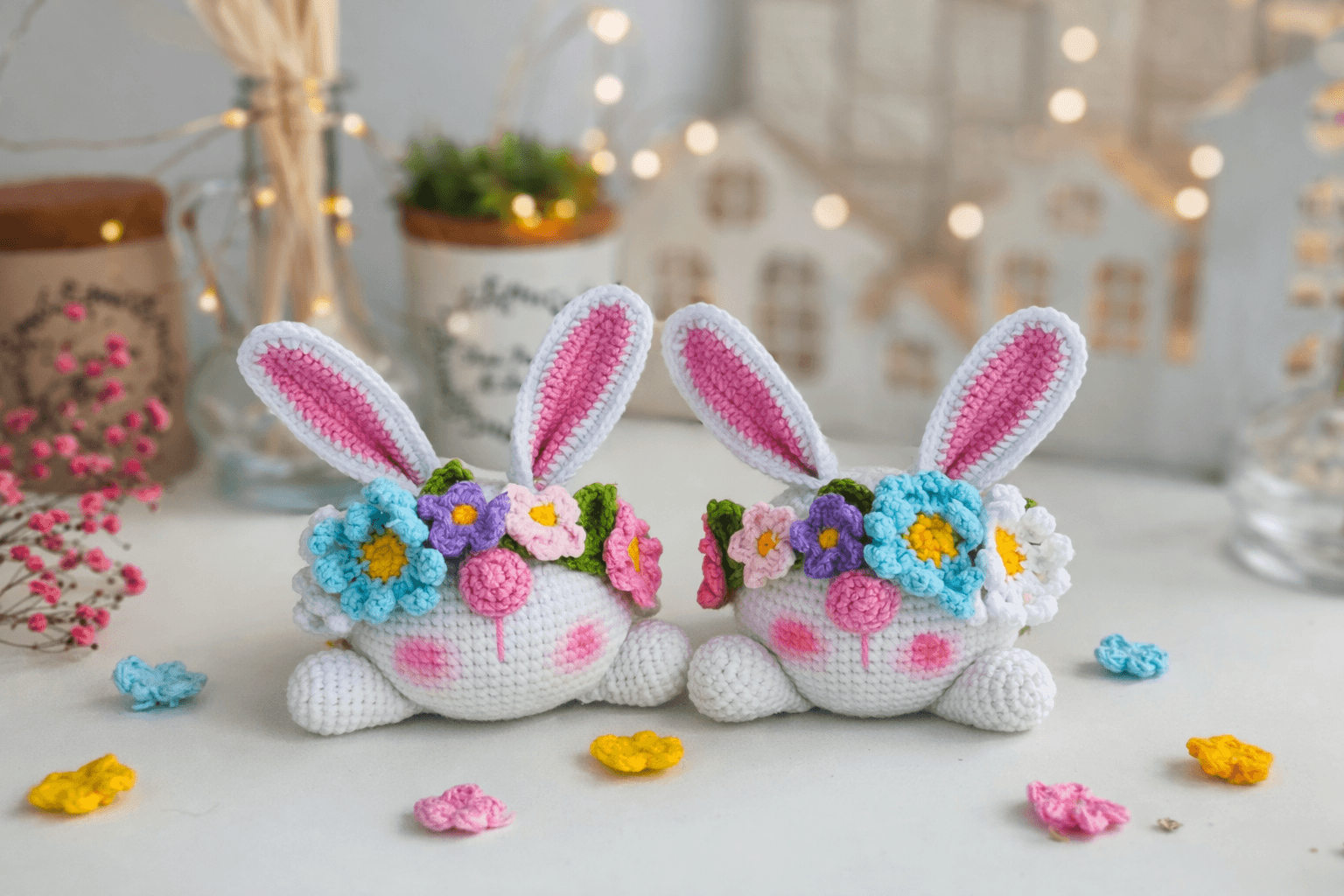 Coelhinhos decorados com flores, ideais para decoração delicada, lembrancinhas premium e kits de Páscoa com toque artesanal sofisticado.